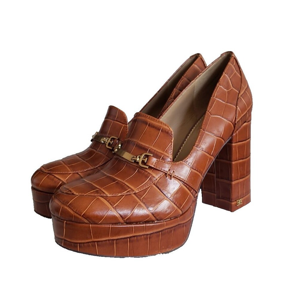 Sam Edelman Aurelie Platform Gold Bit Loafer Chunky Brown Heels Women's Size 8M